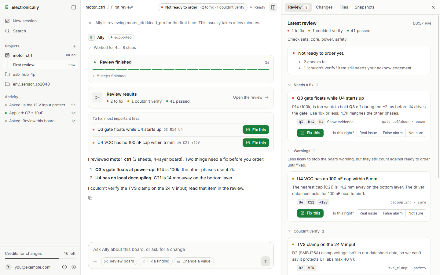 The electronically app: Ally's review of a motor controller board, with two problems to fix and one item it couldn't verify